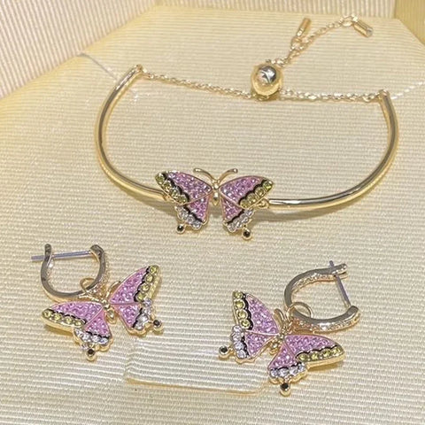 Original 2025 New Trend Fine Jewelry Set Charm Pink Butterfly Crystal Fashion Necklace Bracelet Earrings for Women's Party Gifts