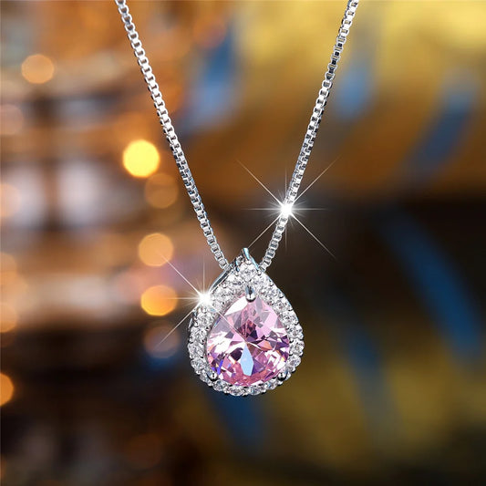 Female Crystal Pink Zircon Stone Water Drop Pendant Necklace Vintage Silver Color Wedding Jewelry For Women
