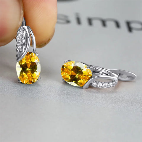 Aqua Blue Zircon Oval Stone Earrings Multicolor Crystal Hoop Earrings
