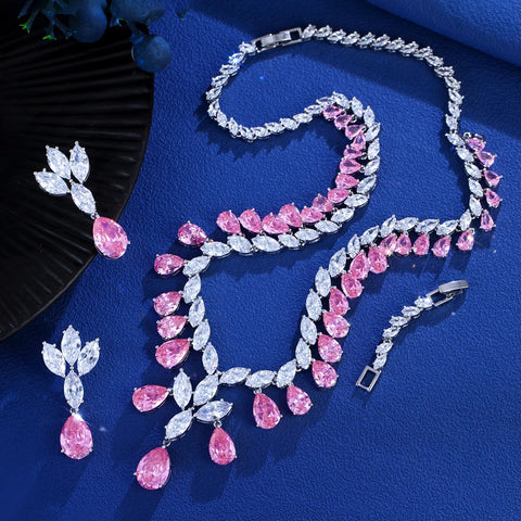ThreeGraces Elegant Brilliant Pink Water Drop Zirconia Luxury Wedding Bridal Evening Party Jewelry Set for Women T1044