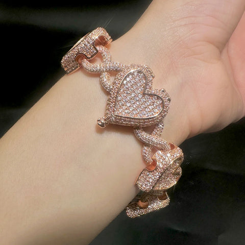 Aokaishen Iced Out Heart Infinity Cuban Link Bracelet