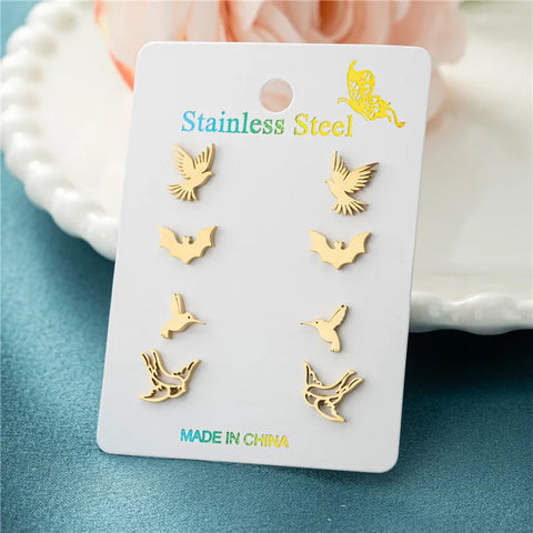 4Pairs/Lot Fashion Stainless Steel Star Moon Stud Earrings Sets