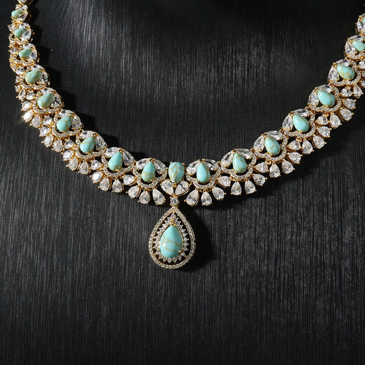 021560 Bridal Necklace Set for Women Turquoise Cubic Zirconia Jewelry Engagement Party Wedding Expensive Jewelry Set Handwork