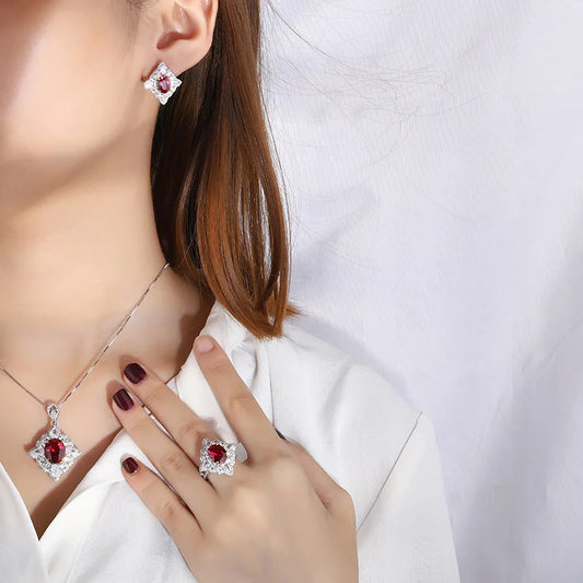 Sparkling Cubic Zirconia Lab Created Ruby Luxury Jewelry Set Silver 925 Real Necklace Engagement Wedding Ring Earrings For Women