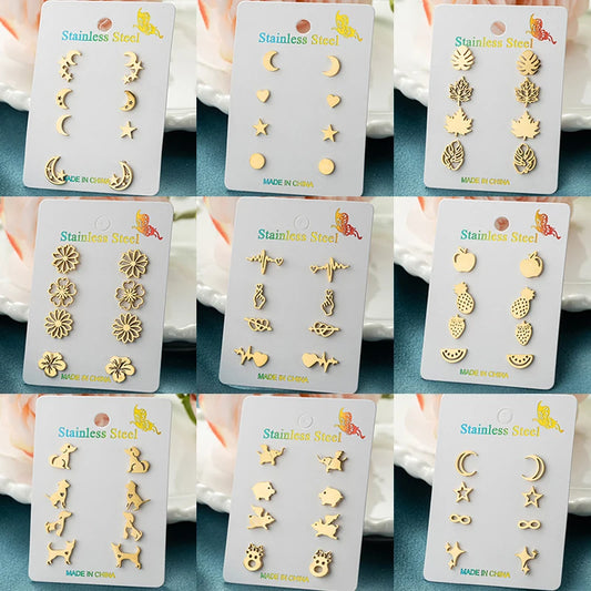 4Pairs/Lot Fashion Stainless Steel Star Moon Stud Earrings Sets