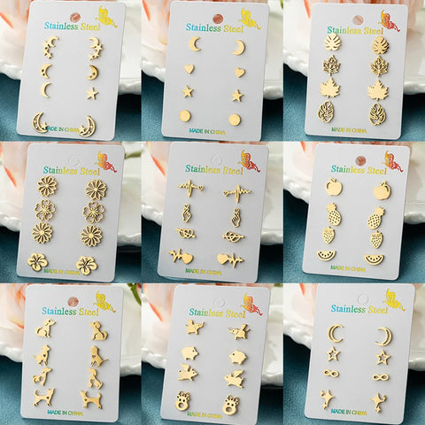 4Pairs/Lot Fashion Stainless Steel Star Moon Stud Earrings Sets