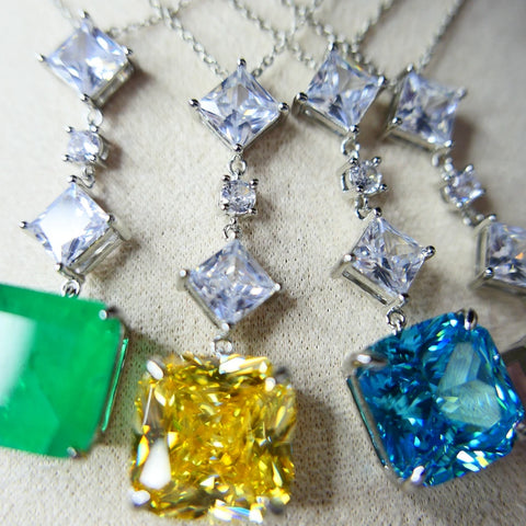 KQDANCE Simple Created 15mm Square Emerald  Pink Yellow Blue CZ Diamond Pendants Necklace with Green Stone Jewelry For Women