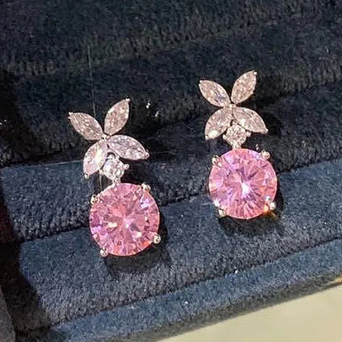 Huitan Exquisite Flower Dangle Earrings Pink Cubic Zirconia