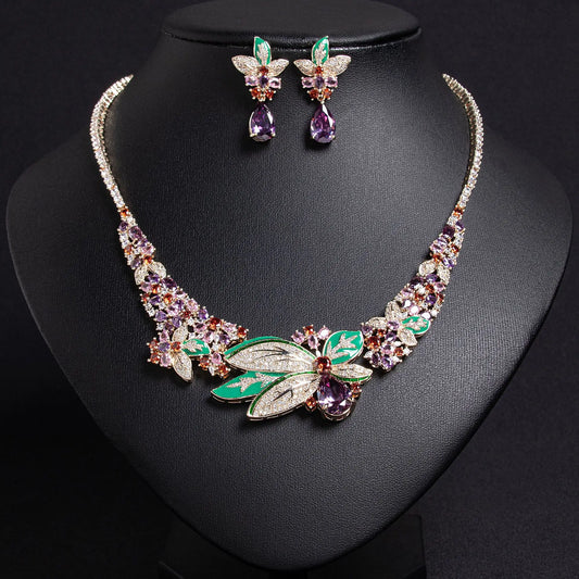Foglia d'acero fiore pieno diamanti traslucido collana orecchini vestito nuziale donna accessori set matrimonio partito M-244