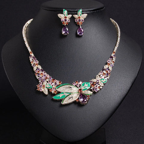 Foglia d'acero fiore pieno diamanti traslucido collana orecchini vestito nuziale donna accessori set matrimonio partito M-244