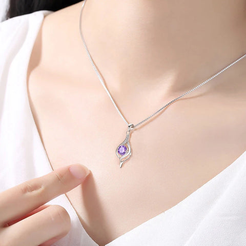 925 Sterling Silver Fashion Petal Water Drop Zircon Pendant Necklaces Women Jewelry Fine Birthday Gift Purple Rhinestone Choker