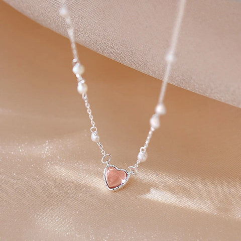 Korean Pink Heart Shape Necklace For Women Fashion Shiny Crystal Pendant Necklace Rhinestone Chain Party Aesthetic Jewelry Gift