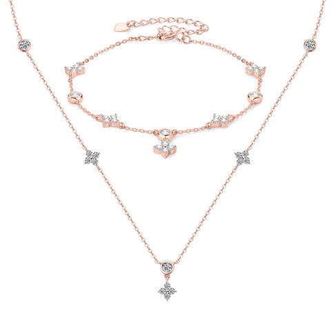 Real Moissanite Pendant Necklace Bracelet Earrings Sets For Women 925 Silver Rose Gold Plated Four Leaf Clover Jewelry Set Gift