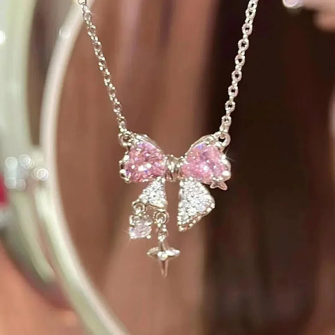 Cute Sweet Pink Bow Necklace Ladies Fashion Sparkling Rhinestone Heart Shape Pendant Clavicle Chain Delicate Wedding Accesories