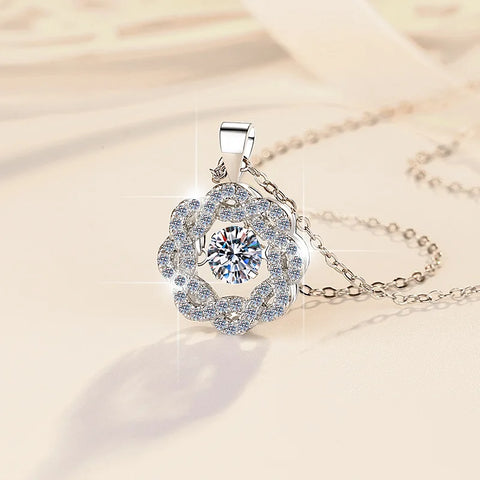 JEJIRCON S925 Sterling Silver Moissanite Necklace for Women 0.5CT Jumping Heart Moving Flower Versatile Pendant Clavicle Chain