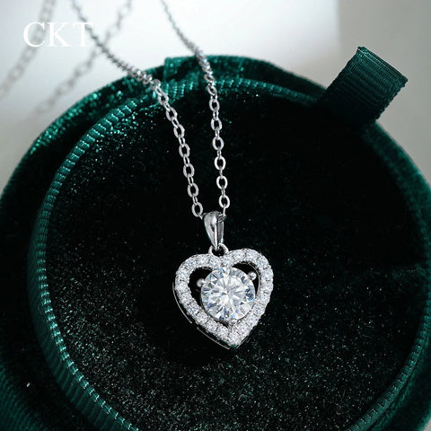 CKT 18k White Gold 1ct Diamond Moissanite Star & Moon Celestial Heart Pendant, Dainty Platinum Pt950 Necklace Fine Jewelry