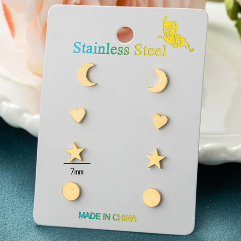 4Pairs/Lot Fashion Stainless Steel Star Moon Stud Earrings Sets