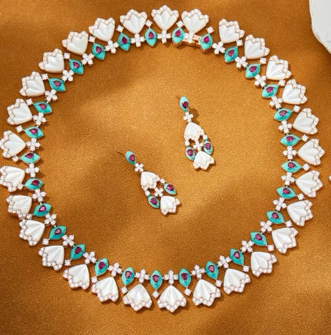 Luxury Temperament AAA Zircon Fan Shaped Blue Red Necklace Drop Earrings For Women Wedding Party Evening Dress Jewelry Sets