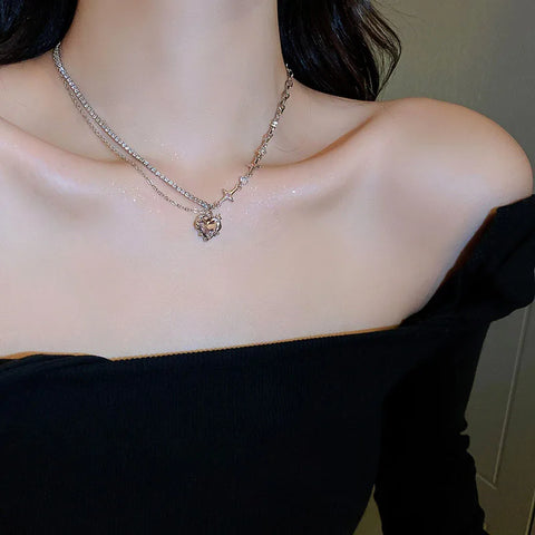 Y2K Pink Crystal Heart Pendant Necklace Women Sweet Cool Girl Punk Clavicle Chain Fashion Aesthetic Necklace Jewelry Gift 2024