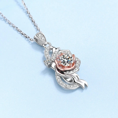 Girlfriend Birthday Gift 18K White Gold Necklaces Women Engagement 0.5CT Moissanite Diamond Rose Pendant Wedding Fine Jewelry