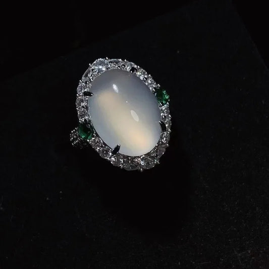 Natural 925 Silver Inlaid with High Ice Emperor Green Jade Ring