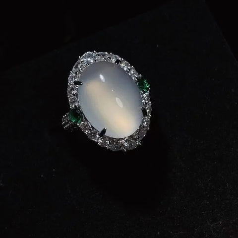 Natural 925 Silver Inlaid with High Ice Emperor Green Jade Ring
