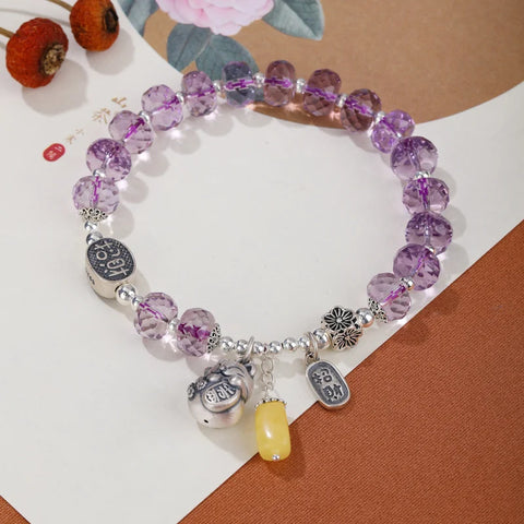 Natural S925 Sterling Silver Cut Amethyst Bead Playing Bracelet