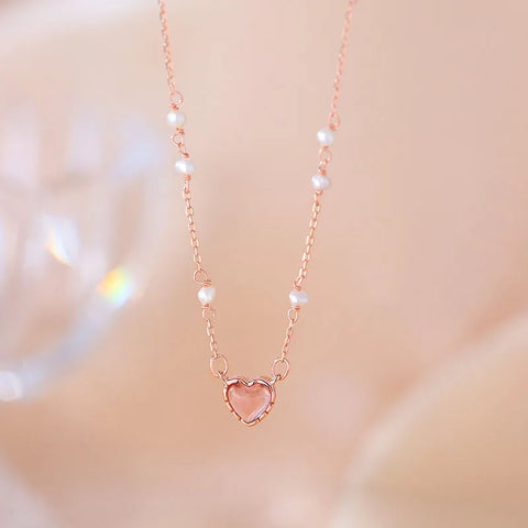 925 Sterling Silver Pink Love Pearl Necklace New Style Temperament Clavicle Chain Women's Sweet Neckchain Jewelry Wholesale