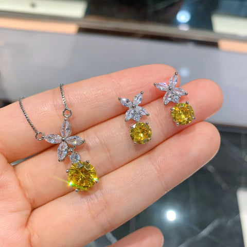 Brilliant Yellow White High Carbon Diamond Luxury Jewelry Set Necklace Stud Earrings For Women Popular Anniversary Gift