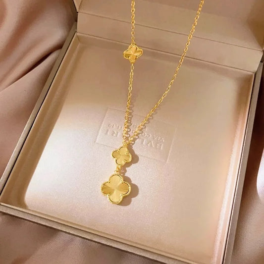 Light luxury 24K real gold four-leaf clover integrated necklace au9999 three-flower clavicle chain high-end women