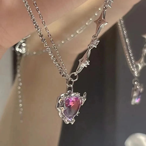 Y2K Accessories Fashion Peach Heart Water Drop Pendant Necklace Purple Crystal Egirl Sweet Cool Clavicle Chain Aesthetic Jewelry