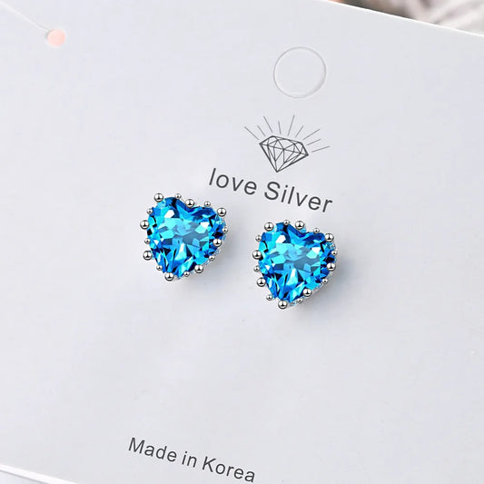 925 Sterling Silver Heart Blue Zircon Stud Earring