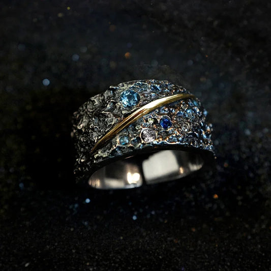 New in 925 Silver Black Inlaid Starry Sky Blue Gemstone