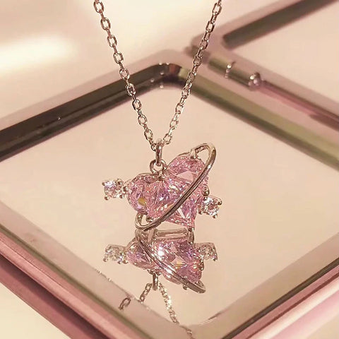 Y2K Luxury Pink Zircon Crystal Heart Pendant Necklace for Women Clavicle  Birthday Party Anniversary Gift Jewelry mujer