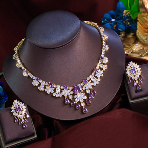 ThreeGraces Gorgeous Shiny Purple Square Zirconia Luxury Water Drop Bridal Wedding Evening Party Jewelry Set for Women T1058