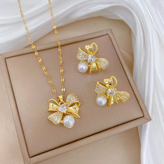 Classic Stainless Steel Gorgeous Pearl Bow Necklace Earrings
