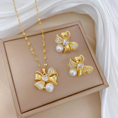 Classic Stainless Steel Gorgeous Pearl Bow Necklace Earrings