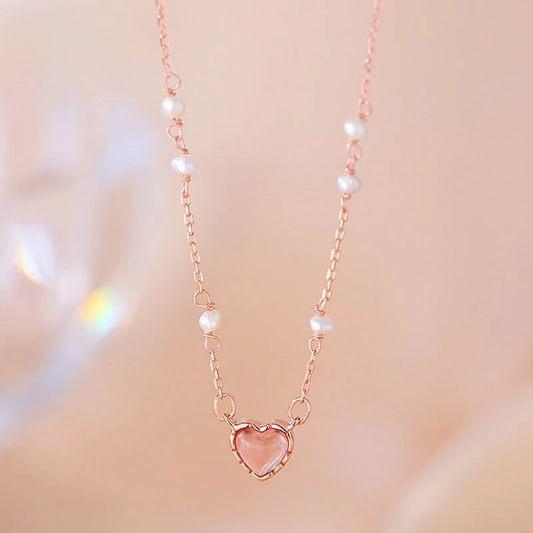 Korean Pink Heart Shape Necklace For Women Fashion Shiny Crystal Pendant Necklace Rhinestone Chain Party Aesthetic Jewelry Gift