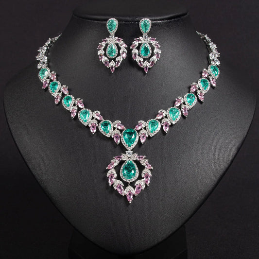 Bridal Dress Jewelry Set with Zircon Water Drop Inlaid Multi Color Matching Middle Eastern Jewelry Necklace Earrings Jewelry