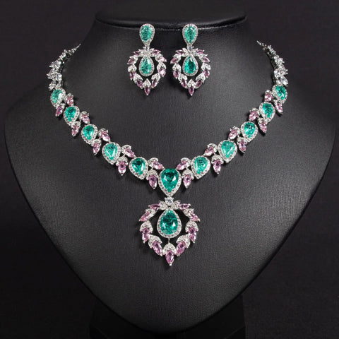 Bridal Dress Jewelry Set with Zircon Water Drop Inlaid Multi Color Matching Middle Eastern Jewelry Necklace Earrings Jewelry