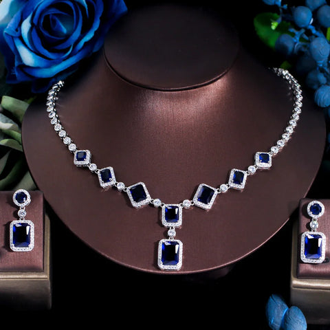 ThreeGraces Elegant Purple Cubic Zirconia Big Square CZ Drop Earrings and Necklace Bridal Wedding Jewelry Set for Women TZ882
