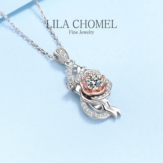 Quality Platinum PT950 girls rose flower necklace with 0.5ct Moissanite Pendant for Women D Color Sparkling Diamond fine Jewelry