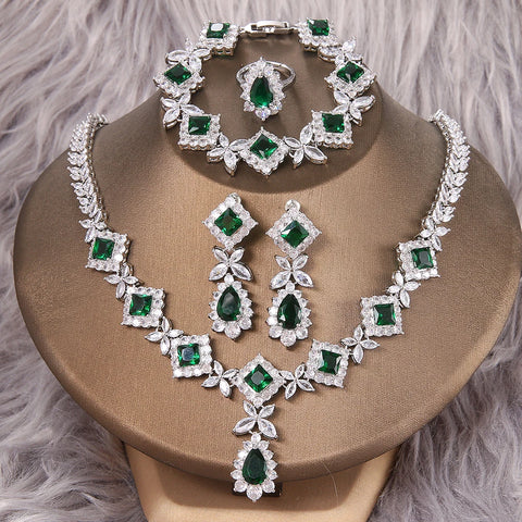 Emmaya Zircons Luxury Big Green CZ Women Wedding Costume Jewellery Necklace 4 pcs African Dubai Bridal Party Jewelry Sets