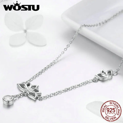 WOSTU Hot Fashion 925 Sterling Silver Lotus Flower Original Pendent Necklaces For Women Luxury Wedding Silver Jewelry FNN012