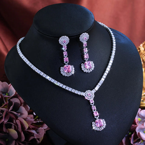 CWWZircons Charming Pink White Cubic Zircon Flower Long Dangle Earrings Necklace Set for Women Wedding Party Jewelry Gifts T0980
