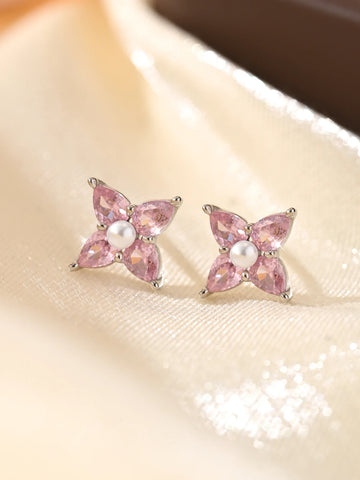 925 Sterling Silver Cute Pink Zircon Petal Earrings