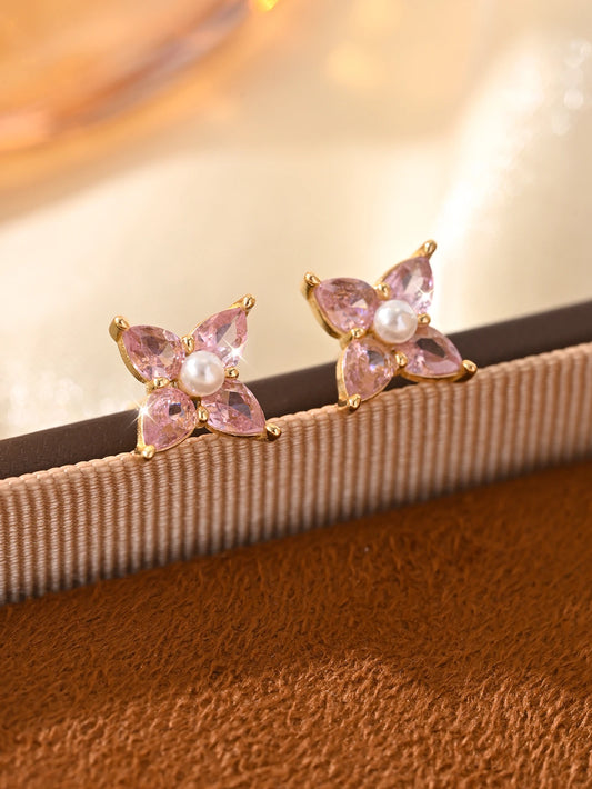 925 Sterling Silver Cute Pink Zircon Petal Earrings