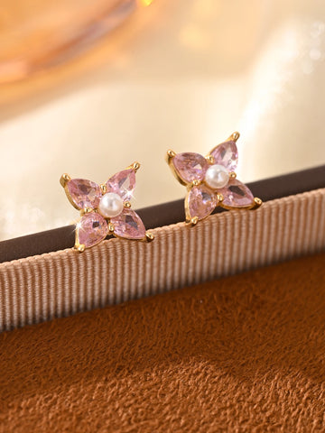925 Sterling Silver Cute Pink Zircon Petal Earrings