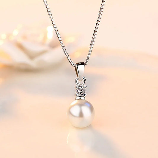 925 Sterling Silver New Ladies Fashion Jewelry High Quality Crystal Zircon Pearl Round Pendant Necklaces For Women Length 45CM