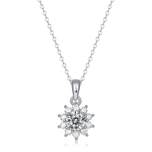 Original Silver Sterling 925 Moissanite Pendant Necklace for Women Girl Lady Sunflower Shape Cute 1 Carat Birthday Gift